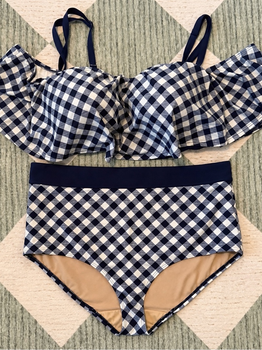 Cacique Navy & White Gingham Ruffle Bikini Set